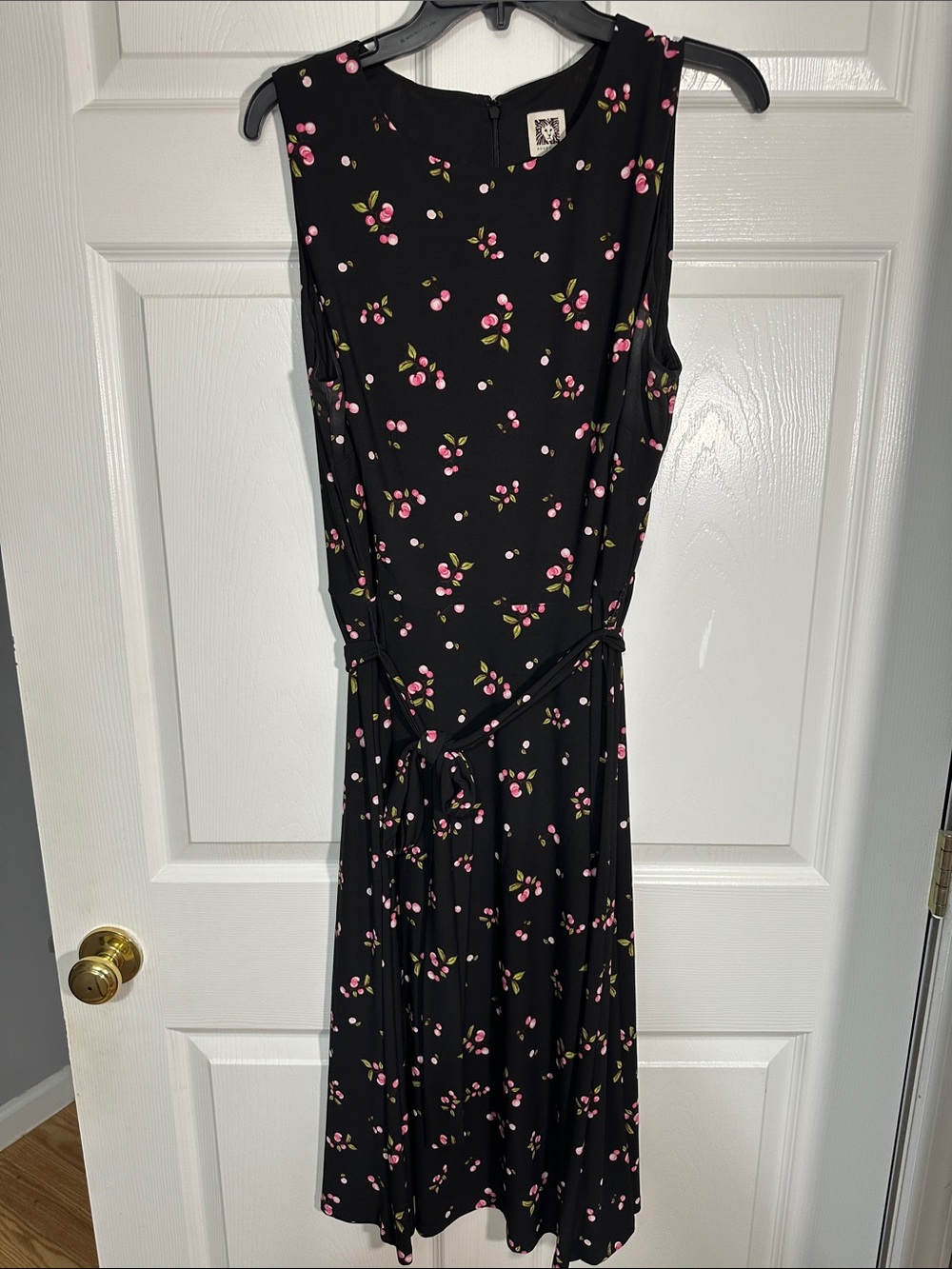 Anne Klein Black Sleeveless Midi Dress with Pink Cherry Print